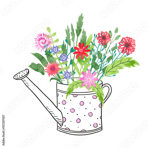 Doodle watering can with bright watercolor flowers. Vector summer illustration. 