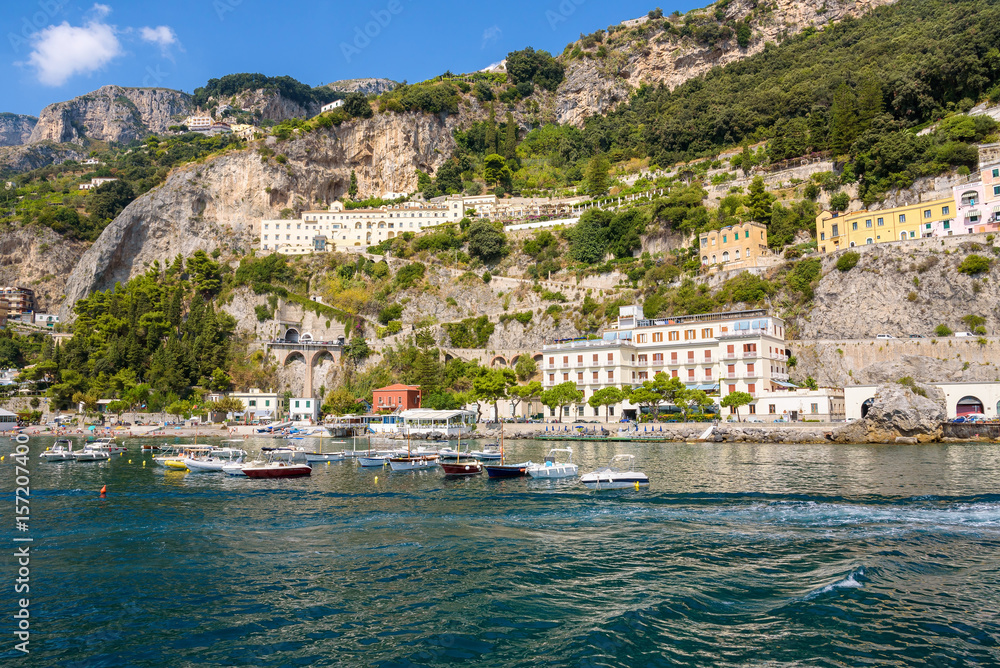 Boats moored at the cliff coast in Amalfi
