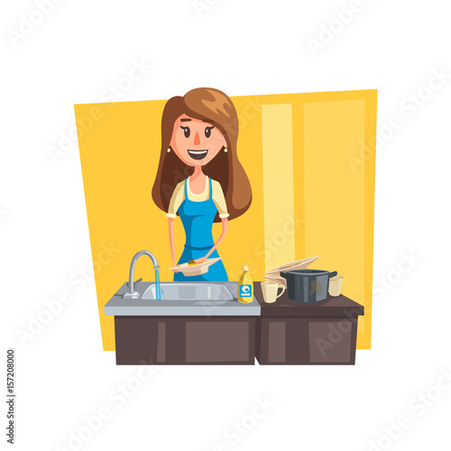 Washing dishes cartoon icon with woman housewife