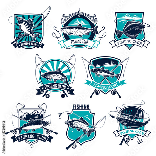 Fishing sport badge set design with fish and rod