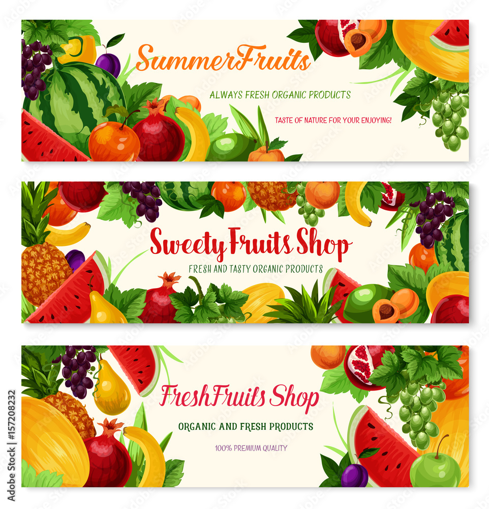 Fresh fruit cartoon banner for food, drink design Stock Vector Adobe