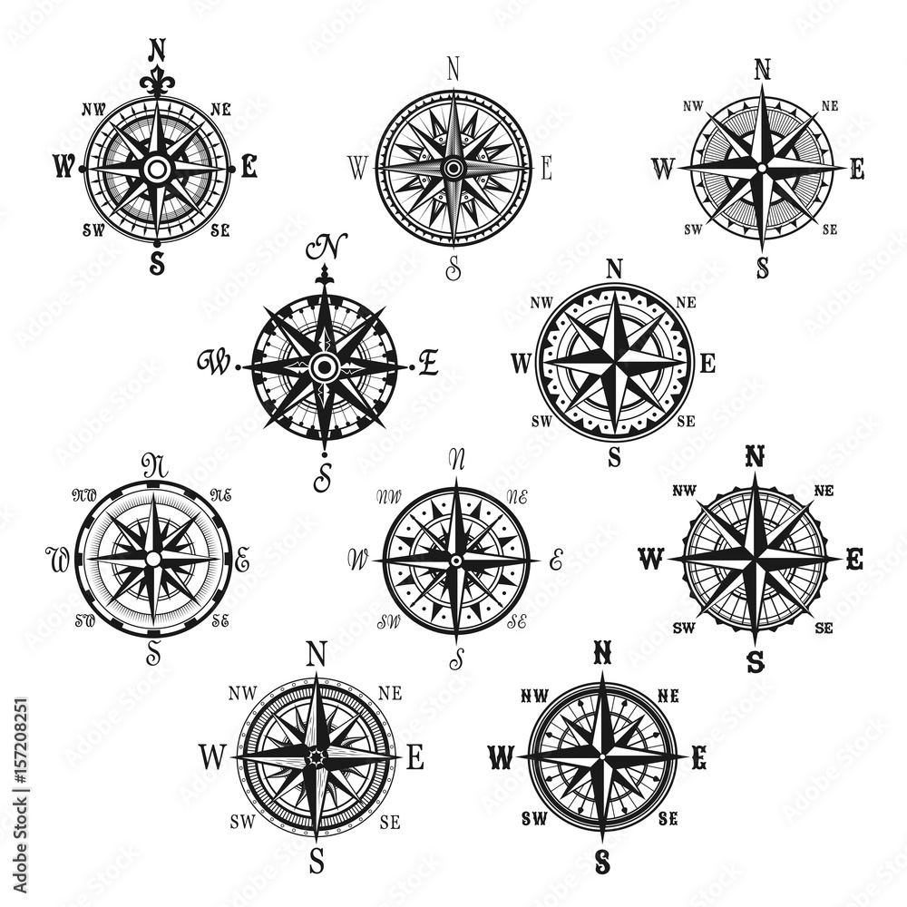 Vintage compass and wind rose isolated symbol set