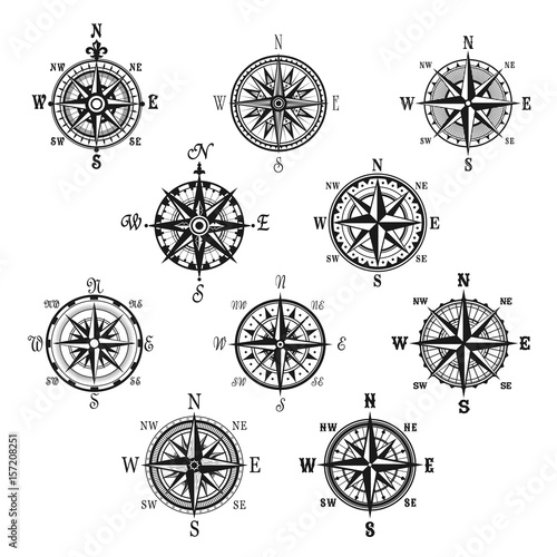 Vintage compass and wind rose isolated symbol set