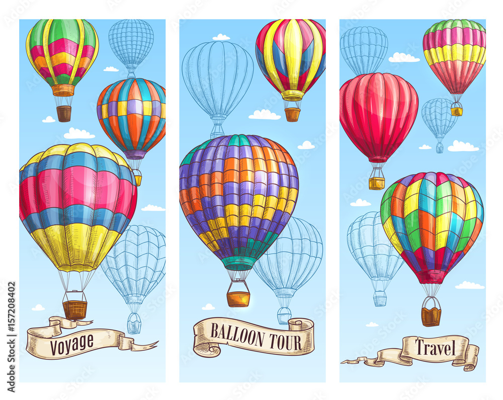 Fototapeta premium Hot air balloon sketch banner for travel design