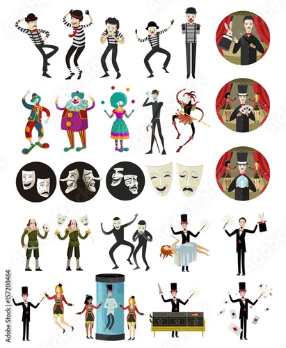 magician mimes clowns and harlequin