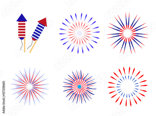 Fireworks, salute in traditional colors USA set of elements for your design. America's Independence Day, July 4, concept. Vector illustration