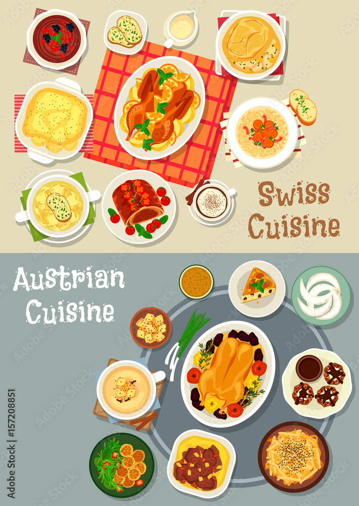 Austrian and swiss cuisine tasty lunch icon set