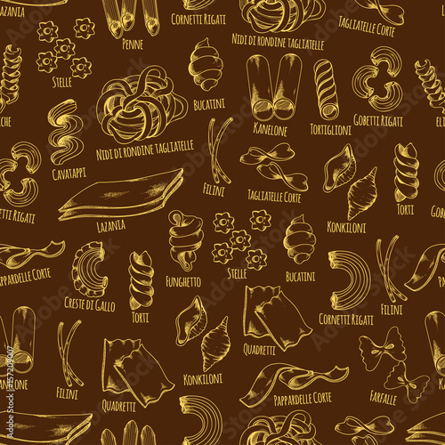 Italian pasta seamless pattern with macaroni sketch