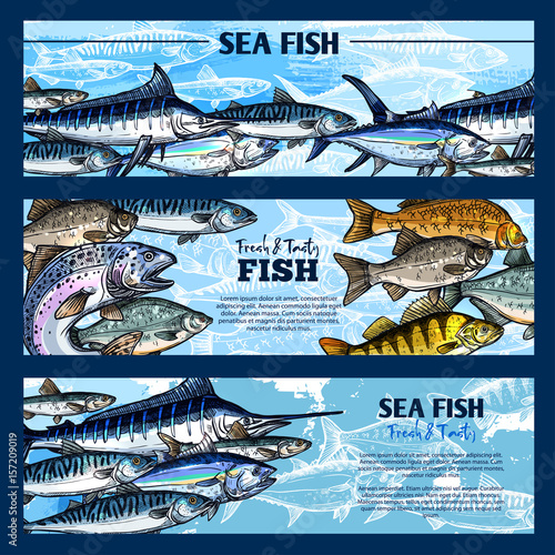 Fresh fish seafood restaurant sketch banner set