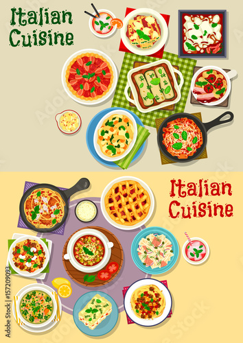 Italian cuisine pasta dishes icon set design
