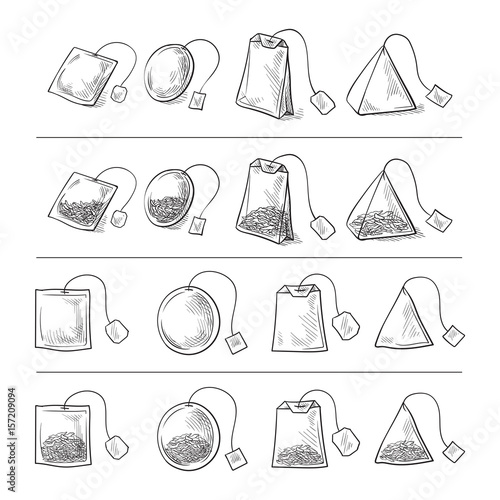 set of tea bags set collection sketch hand drawn