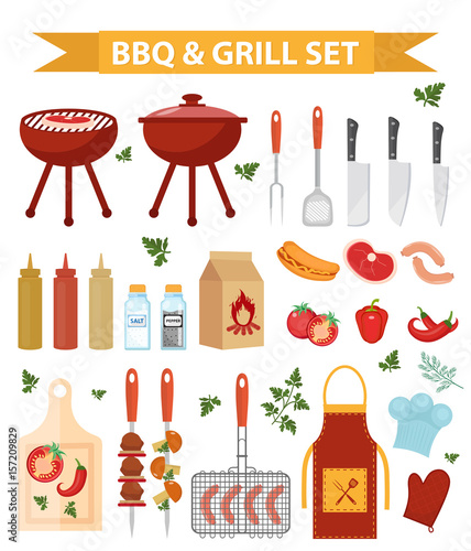 Barbecue and grill icons set, flat or cartoon style. BBQ collection of objects, elements of design. Isolated on white background. Vector illustration