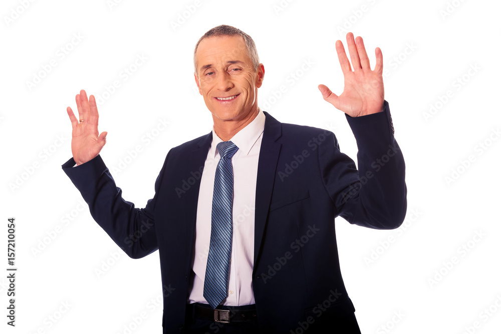 Businessman pressing an abstract touchscreen Businessman pressing an abstract touchscreen