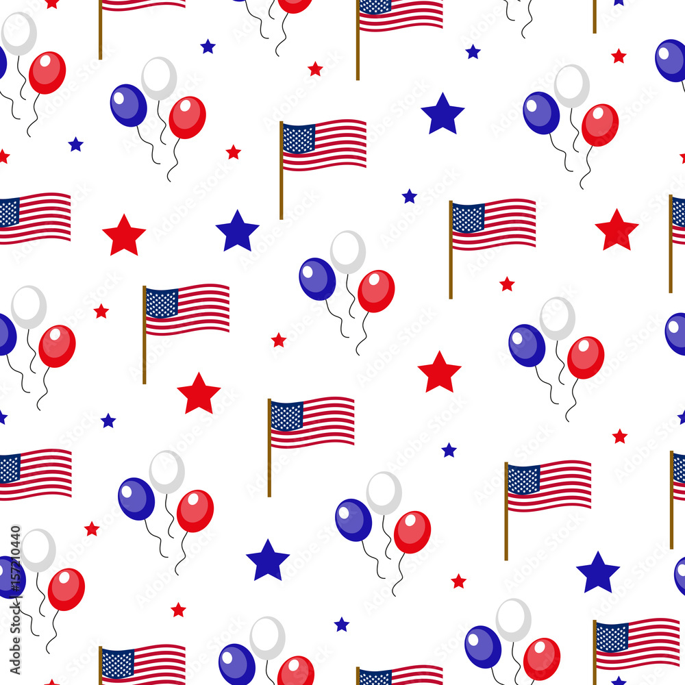 Fototapeta premium Independence Day of America seamless pattern. July 4th an endless background. USA national holiday repeating texture with traditional symbols. Vector illustration