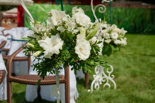 Valokuva Beautifully decorated wedding reception outdoors. Wedding decor.