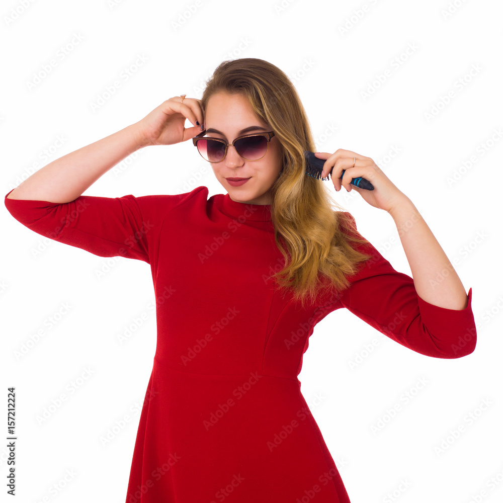 Young pretty woman, hairbrush, white background Young pretty woman, hairbrush, white background