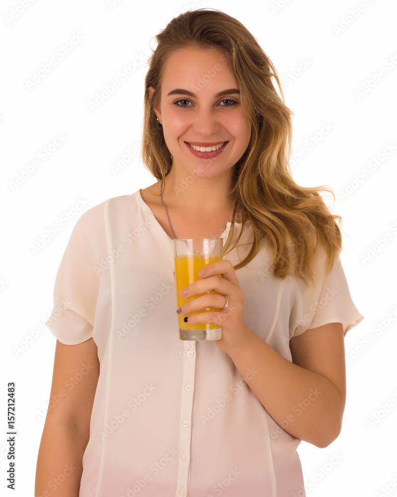 Young pretty girl, orange juice, white background Young pretty girl, orange juice, white background