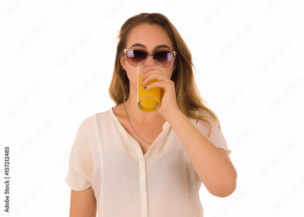 Young pretty girl, orange juice, white background  