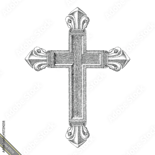 Cross symbol hand drawing vintage style.Engraving drawing of cross