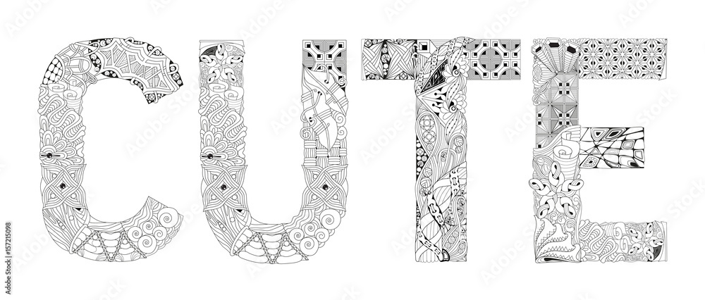 Word cute for coloring. Vector decorative zentangle object