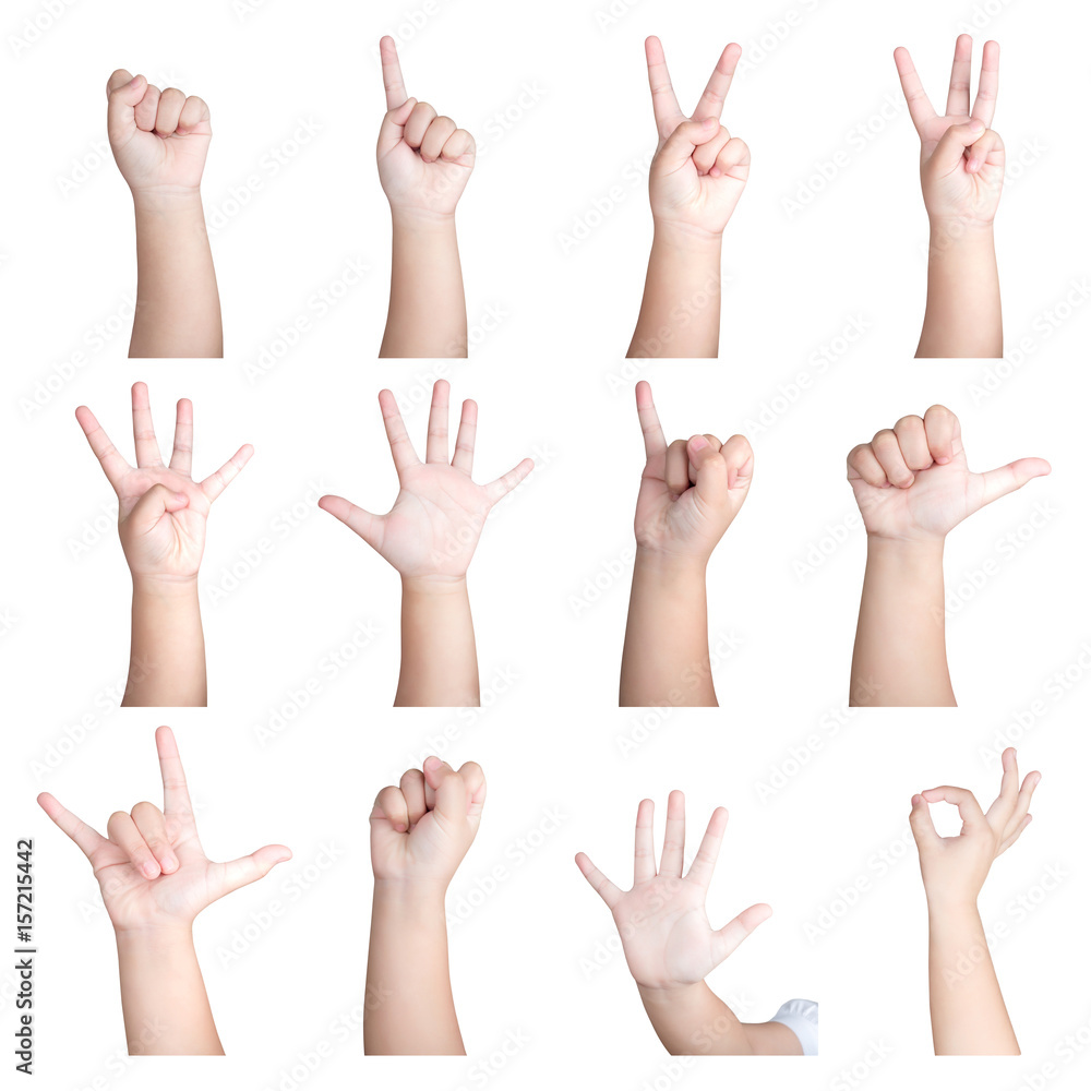 Kids hands counting from zero to five and hand sign isolated on white background Kids hands counting from zero to five and hand sign isolated on white background
