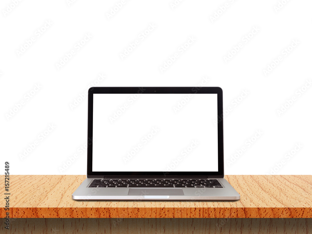 Front view of the laptop is on the work table, white wall background, clipping path inside Front view of the laptop is on the work table, white wall background, clipping path inside