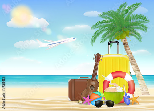 sea travel object with sun glasses suitcase ukulele safety torus beach ball with beach background