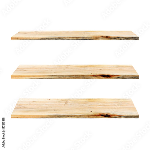 3 Wood Shelves Table isolated on white background, template display