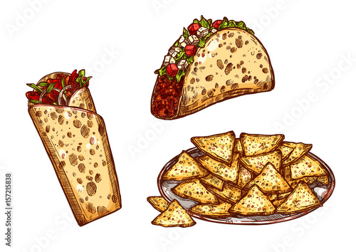 Vector sketch icons fast food snacks tacos burrito