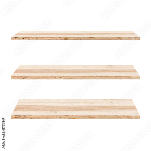 3 Wood Shelves Table isolated on white background, template display