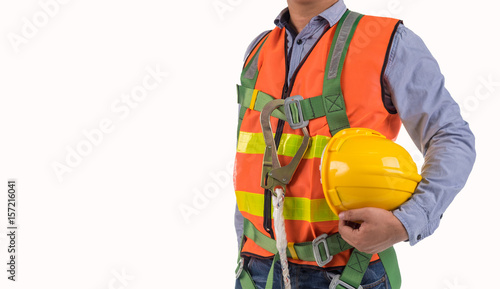 engineer wear fall arrest equipment isolated on white  background