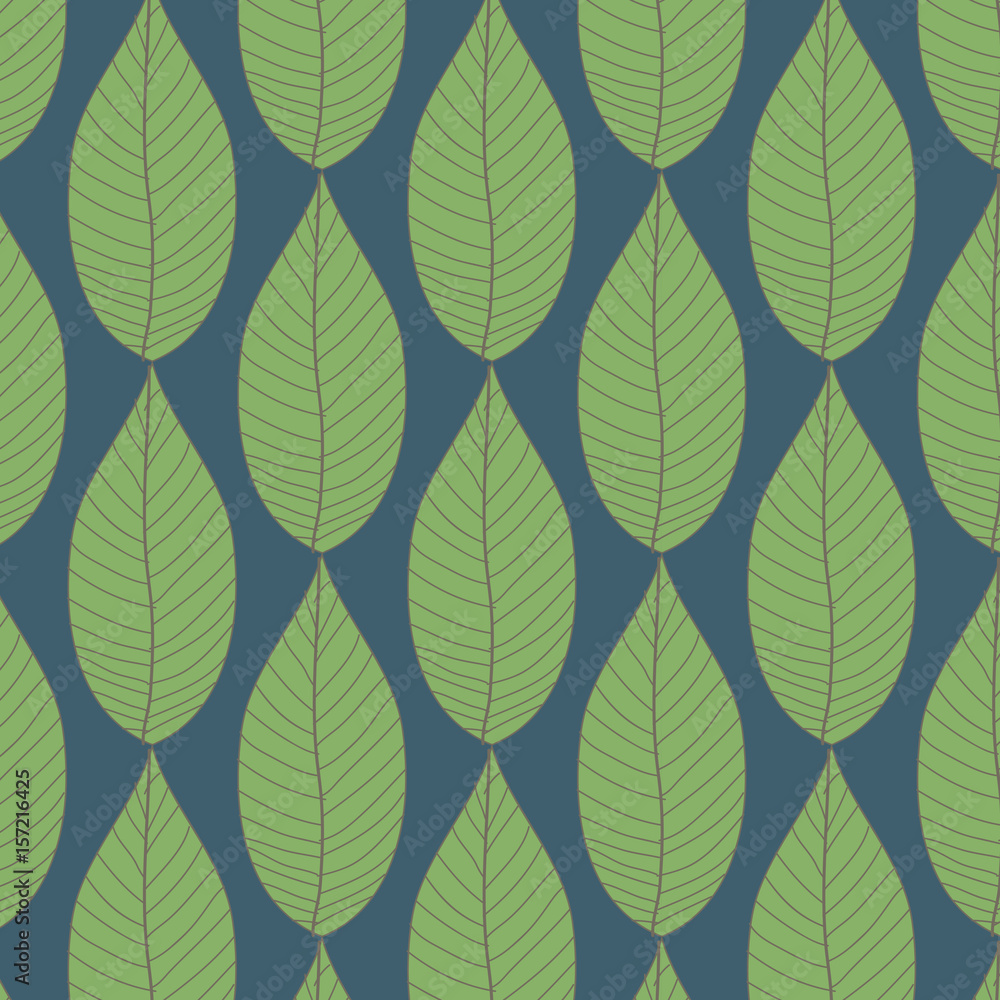 Simple seamless organic wallpaper with a pattern of green leaves and green leaf in a linear style. Good for organic wallpaper, packaging, invitations, organic background, scrap-booking. Vector