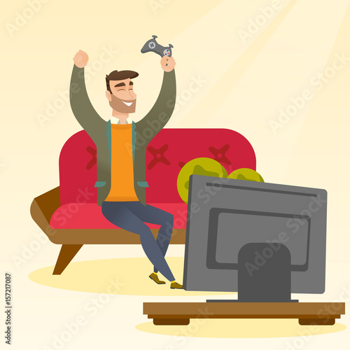 Man playing a video game vector illustration.