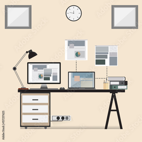 Flat design vector illustration of modern workspace.