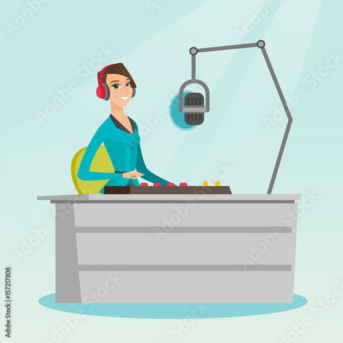 Female dj working on the radio vector illustration