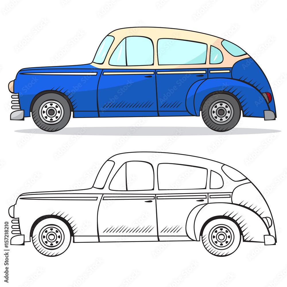 Retro car in cartoon style. Color and black outline retro auto. Classic car  hand drawn set. Blue car Stock Vector | Adobe Stock