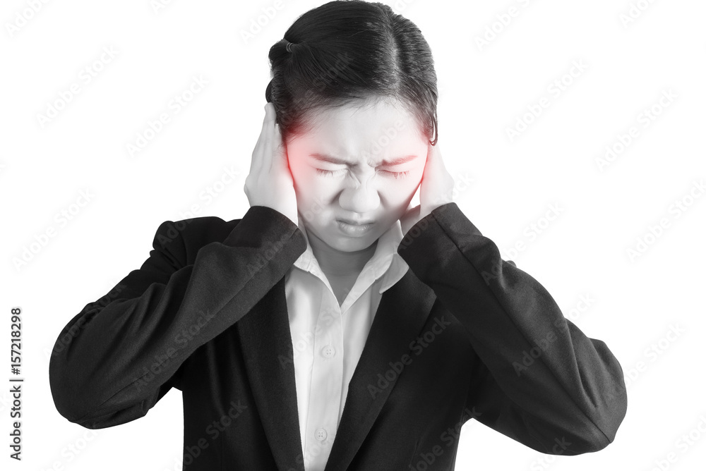 Headache symptom in a businesswoman isolated on white background. Clipping path on white background. Headache symptom in a businesswoman isolated on white background. Clipping path on white background.