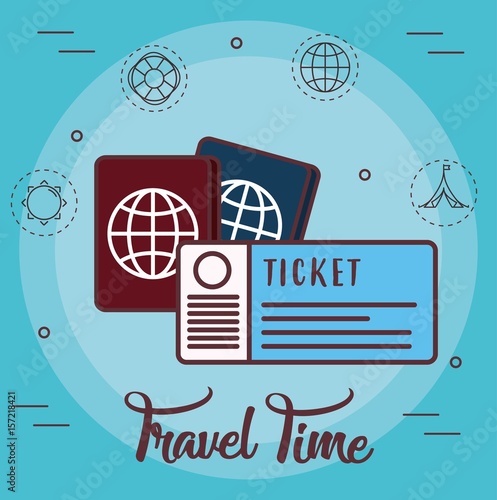 passports and travel time related icons over blue background. colorful design. vector illustration photo