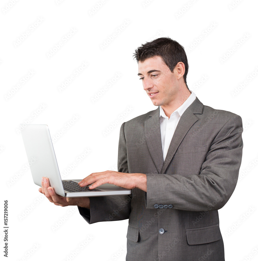 Businessman use computer isolate background. Businessman use computer isolate background.