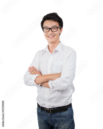 Smart asian businessman standing isolate background.