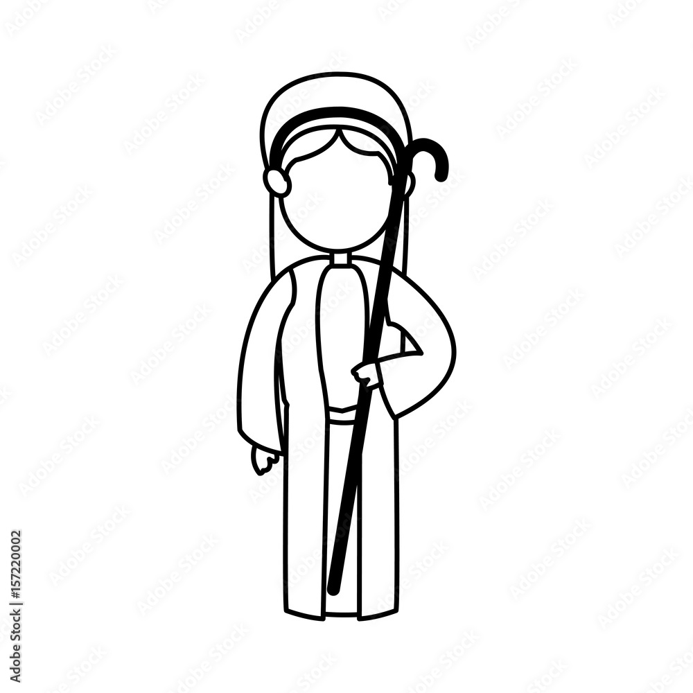 cartoon shepherb manger people with cane wooden, outline vector illustration
