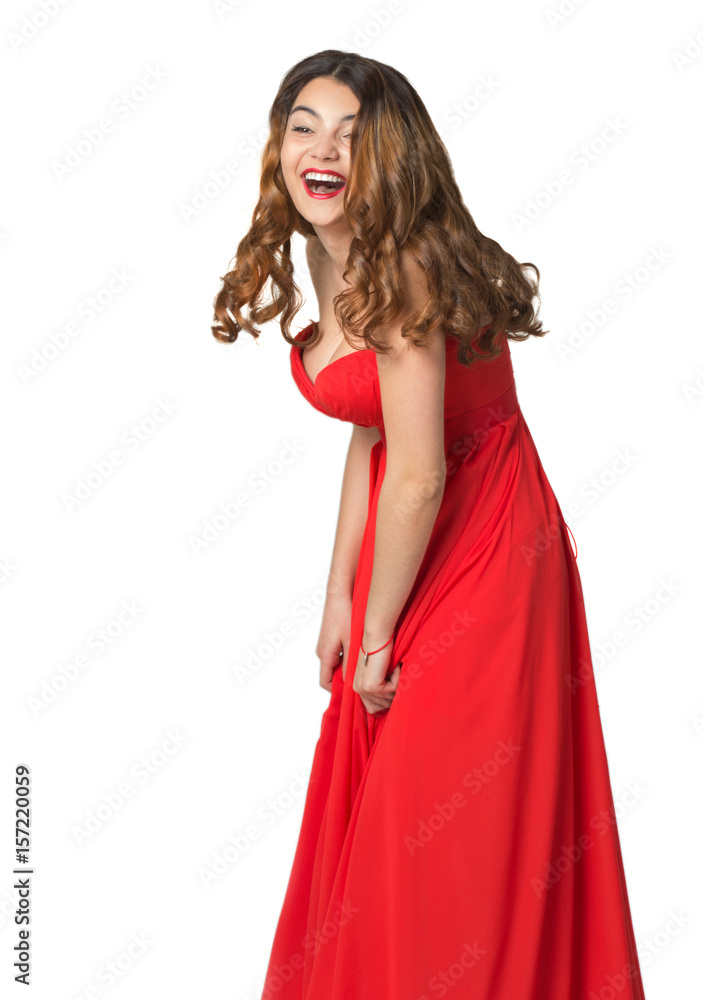 emotional Asian girl in red dress on an isolated background emotional Asian girl in red dress on an isolated background