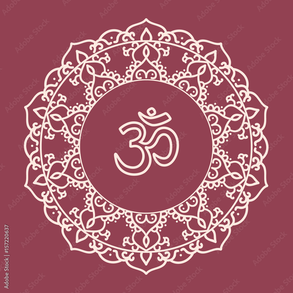 Om symbol with hand drawn floral mandala. Oriental decorative ornament  can be used for greeting card, wedding invitation, yoga poster, coloring book.