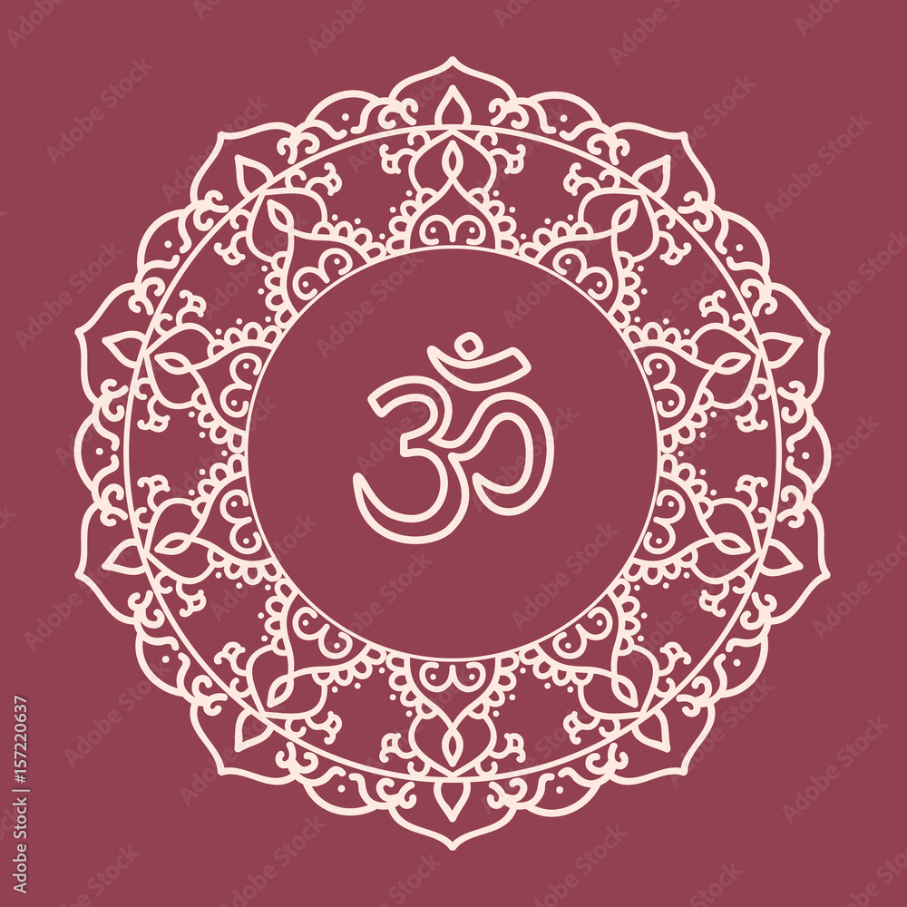 Om symbol with hand drawn floral mandala. Oriental decorative ornament can be used for greeting card, wedding invitation, yoga poster, coloring book. Om symbol with hand drawn floral mandala. Oriental decorative ornament can be used for greeting card, wedding invitation, yoga poster, coloring book.