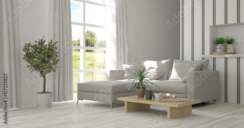 Fototapeta Naklejka Na Ścianę i Meble -  White room with sofa and green landscape in window. Scandinavian interior design. 3D illustration