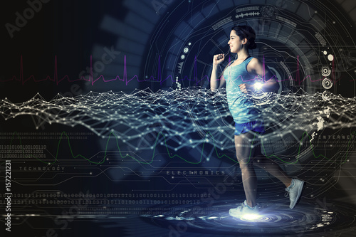 sports technology concept. running woman and various technological abstract graphics. sport science.