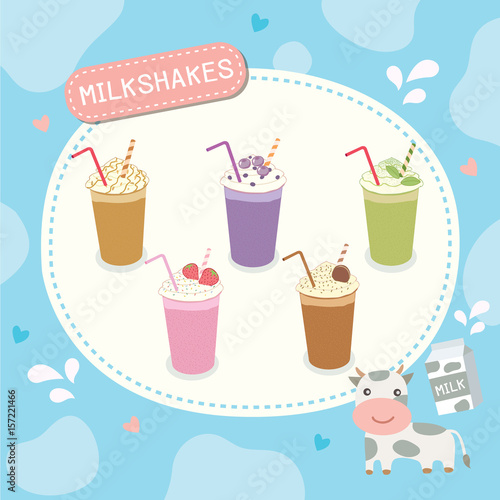 Milkshakes various flavor menu board with cartoon cow and milk box.