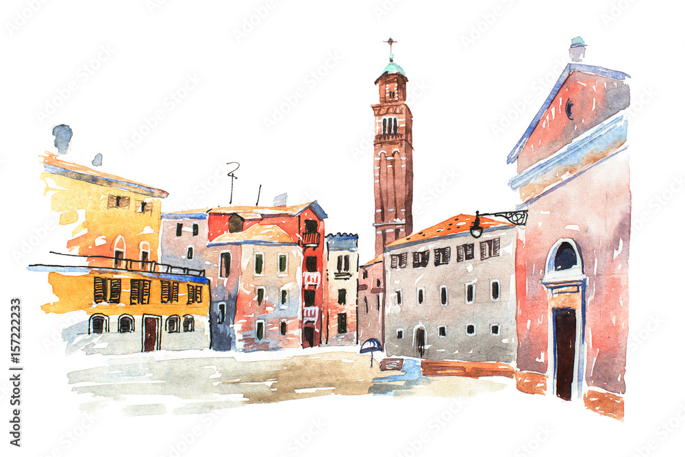 Colored watercolor sketch of old town in Europe drawn on white paper. View  Santa Maria dei Frari steeple in Venice, Italy