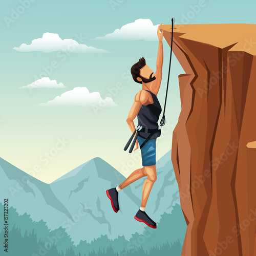 scene landscape man hanging on the cliff rock climbing vector illustration