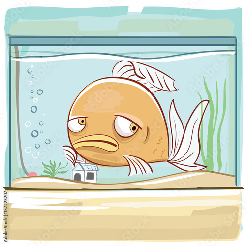 cartoon bored fish in tank.